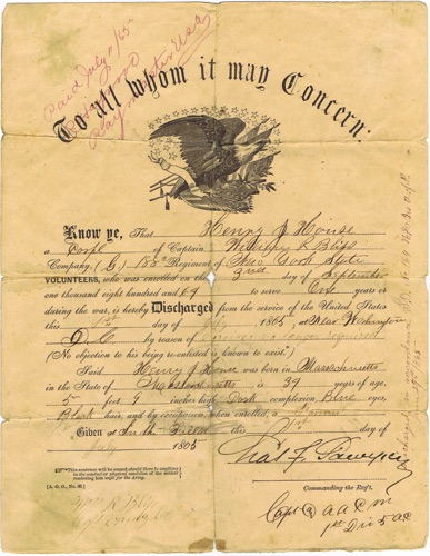 Henry J. House Discharge Certificate, July 1, 1865. chs-014209